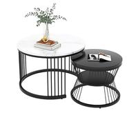 Modern Nesting Coffee Table, Coffee Table Set Marble Veneer Sofa Side Nest of Tables Round End Tables, Set of 2, Black Color Frame, for living room, bedroom, balcony, lounge area