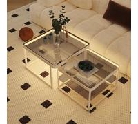 Modern Nesting Coffee Table Set2Piece Tempered Glass & Metal Frame with Storage No Assembly Needed Stylish High & Low Design LED Lights Included