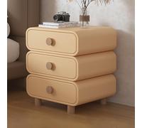 Modern Nightstand with 3 Drawers Rustic Leather Bedside Table Curved Accent Side Table for Bedroom & Living Room Solid Wood Legs Beige Finish 50cm Storage Solution