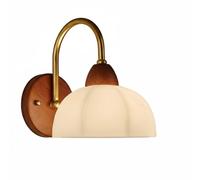 Modern Nordic Brass Wall Sconce, Mid-Century Wood Accent Curved Arm Wall Lamp with Frosted Fluted Glass Shade, Ambient Light Fixture for Bedroom, Living Room, Hallway, Bedside Decor.
