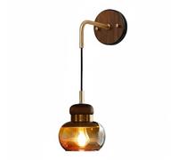 Modern Nordic Brass Wall Sconce with Mid - Century Wood Aent, Amber Glass Bell Shade & E26 Socket, Ideal Ambient Light for Bedroom, Living Room, Hallway & Bedside