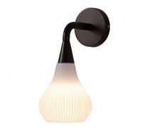 Modern Nordic Minimalist Wall Sconce, Black Metal Wall Lamp with White Pleated Ribbed Teardrop Glass Shade, Hardwired LED Light Fixture for Bedroom Bedside, Living Room, Hallway Aesthetic Decor