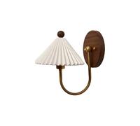 Modern Nordic Minimalist Wall Sconce, White Pleated Ceramic Cshade, Solid Walnut Wood Base, Brass Finish Curved Arm, Aesthetic Accent Light for Bedroom, Study, Hallway, Bedside.(Blue)/White