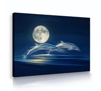 Modern Nordic Style Wall Canvas Posters Moonlight Ocean Dolphin Wall Art Paitings for Living Room Toilet Wall Decor Ready to Hang Blue 70x105cm Innerframe