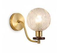 Modern Nordic Wall Sconce, Brushed Gold Metal & Dark Wood Accent Fixture with Clear Textured Glass Globe Shade, Elegant Single Light for Bedroom, Living Room, Hallway, Vanity, Hotel.