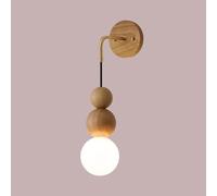 Modern Nordic Wall Sconce, Dark Walnut Wood & Brass Wall Light Fixture with Stacked Wooden Beads & Frosted Glass Globe Shade, Elegant Single Lamp for Bedroom, Living Room, Bedside(Natural Wo