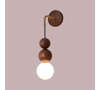 Modern Nordic Wall Sconce, Dark Walnut Wood & Brass Wall Light Fixture with Stacked Wooden Beads & Frosted Glass Globe Shade, Elegant Single Lamp for Bedroom, Living Room, Bedside(Walnut Color) (Waln