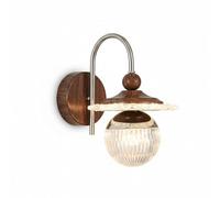 Modern Nordic Wall Sconce, Walnut Wood Finish Iron Curved Arm Lamp with Ribbed Acrylic Globe Shade, Chic Chrome Round Fixture, Single Light Decorative Accent for Bedroom, Living Room