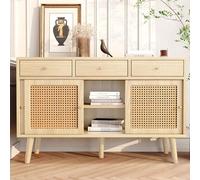 Modern Oak Sideboard with 3 Drawers & 3 Sliding Doors Rattan Weave Fronts Solid Wood Legs Adjustable Shelves Gold Metal Bow Handle 120x40x78 cm