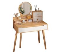 Modern Oak Vanity Table with Round Mirror & Drawers, Compact Design for Small Spaces, Stylish Makeup Dressing Table for Home & Apartment