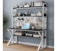 Modern Office Desk with Bookshelf & Storage Shelves Solid Wood Writing Station Large Computer Desk with Pegboard Black & White 31" W x 69" H x 23.6" D for Home Office