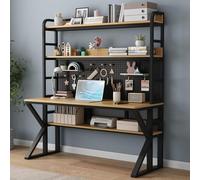 Modern Office Desk with Storage Shelves & Pegboard Solid Wood Writing Table 47" W x 69" H x 23.6" D Stylish Computer Workstation for Home Office (Brown & Black)