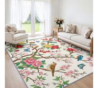 Modern Oriental Bird Floral Machine Washable Rug for Living Room | Soft Non-Shedding Low Pile Rug Chinese Countryside Rural Style, Anti-Slip Carpet for Bedroom, Dining Room 160x230cm