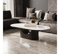 Modern Oval Coffee Table 100X50x40cm,White Rock Slab Top with Black Coated Metal Frame,Rounded Edge Living Room Table for Sofa,Small Space Apartment Furniture A