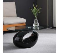 Modern Oval Glass Coffee Table, Contemporary Center Cocktail Table with Tempered Glass Top & Glossy Base For Storage, Accent Sofa Side Table for Living Room, Office(85x53x40cm(33x21x16), White)