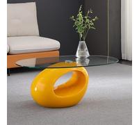 Modern Oval Glass Coffee Table, Contemporary Center Cocktail Table with Tempered Glass Top & Glossy Base For Storage, Accent Sofa Side Table for Living Room, Office(85x53x40cm(33x21x16"), Yellow)