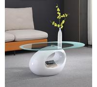 Modern Oval Glass Coffee Table, Contemporary Center Cocktail Table with Tempered Glass Top & Glossy Base For Storage, Accent Sofa Side Table for Living Room, Office(85x53x40cm(33x21x16), White)