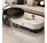Modern Oval Nesting Coffee Table Set of 2 - Stone Top & Steel Frame Living Room Cocktail Tables with Drawer, 47"x24"x16" & 32"x32"x18" - Stylish Home Decor