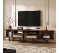 Modern Oval TV Stand with Storage, 2 Rattan Drawers & Sliding Doors, Fits Up to 70" TVs, Walnut Lowboard & Entertainment Center, Sleek TV Cabinet, 170x40x40cm