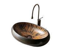 Modern Oval Vessel Sink,Integrated Ceramic Bathroom Washbasin with Textured Design, Includes Faucet, Easy to Clean,Black Brown-M