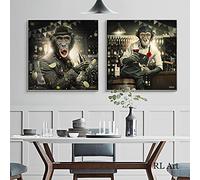Modern Painting Animal Posters and Prints Wall Art Canvas Monkey Drinking Red Wine at the Bar Pictures Room Decor19.6”x19.6”(50x50cm)x2 No frame