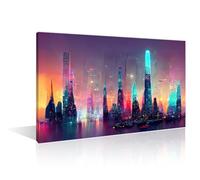 Modern Painting Future Modern Magical Cityscape Urban City Wall Decor for Living Room 1 Piece Cyberpunk Style Artwork Pictures Office Decor Print on Canvas Framed Ready to Hang (24" Wx36 H)