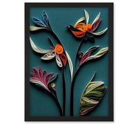 Modern Paper Quilling Bird on Exotic Flower Plant Leaves Blue Orange Teal Artwork Framed Wall Art Print A4 Artery8 Black One Size