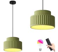 Modern Pendant Lighting with Remote Control - RGB Dimmable Hanging Light Fixture - Retro Colorful Drum Pendant Lights for Kitchen Island Light Ceiling Hanging with Cream Resin Shade