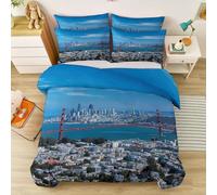 Modern Photography Duvet Cover Super King, Easy Care Soft Breathable Microfibre Bedding 3 Pieces with Bridge Skyline Buildings, Includes Pillowcases, Royal Blue Rust Red