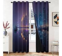 Modern Photography Thermal Drapes, Cities Water Reflections Neon Lights Printed Curtains For Living Room, 100% Blackout Microfiber Eyelet Curtains for Bedroom, 46 x 54 inch (2 Panels)