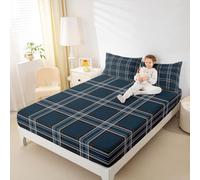 Modern Plaid Fitted Sheet with 2 Pillowcases King Size Geometric Bed Sheets Set 16" Deep Pocket Boys Girls Retro Plaid Print Bedding Blue Teal Black Teens Bedroom Decor Breathable Soft Microfiber