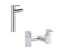 Modern Plan High Rise Mono Basin Mixer Tap & Bath Filler Solid Brass Bathroom Set - Chrome Finish