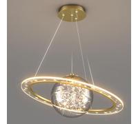 Modern Planet Chandelier, With Luminous Ring, LED 3-Color Selectable Temperature, Adjustable Hanging Light, Glass Sphere With Starry Effect For Living Room