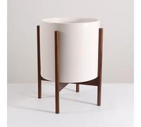 Modern Plant Stand with Pot - 12 inch Indoor Large Ceramic Planter for Plants, Flower, Small Tree with Drainage - Mid Century Wood Pots Holder - Walnut Wooden Legs - Tall House Floor Planters - White