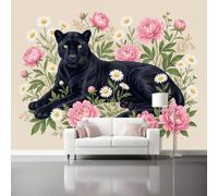Modern Plants Green Leaves Decoration Photo Mural 400 x 280 cm | Leopard Peony Daisy Vintage Non-woven Wallpaper for wall surfaces in various rooms Pale Beige Wall Mural