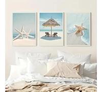 Modern Prints Canvas Poster Blue Beach Starfish Landscape Painting Canvas Wall Artwork Painting For Classroom Bedroom 50x70cm-3Pcs Frameless