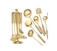 Modern Professional 7-Piece Gold Kitchen Utensil Set, Stainless Steel Soup Spoons and Noodle Colander, Dishwasher Safe, 35cm Length