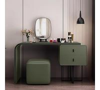 Modern PU Leather Makeup Vanity Table with Mirror & Lighting 2Drawer Makeup Set with Padded Stool for Bedroom (100cm Olive Green)