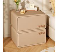 Modern PU Leather Nightstand with 2 Drawers, Small Bedside Table for Bedroom/Living Room, Solid Wood Frame, No Assembly Required, Beige Khaki, 50x45x50cm (20x18x20inch)