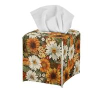 Modern PU Leather Tissue Cube Holder Fall Daisy Sunflower Tissue Box Cover for Living Room Bedroom Print Square Tissue Box Holder Orange Desk Nightstand Facial Paper Organizer Home Decor