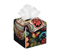 Modern PU Leather Tissue Holder Waterproof Square Tissue Box Colorful Sugar Skull Face Paper Holder for Bathroom, Kitchen, Nightstand, Office, Home Decor