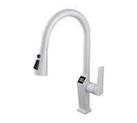 Modern Pull Out Kitchen Faucet with Digital Temperature Display Three Function Sprayer Single Handle 360° Rotation Brass Construction Hot and Cold Water Mixer Tap Gray (Blanc),Blanc