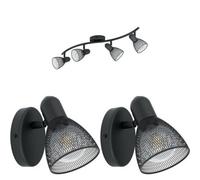 Modern Quad Ceiling Spot Light With 2 Adjustable Wall Lights In Black Mesh Finish