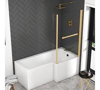 Modern Qubix 1500 x 850mm Right Hand L Shaped Shower Bath tub with Front, End Panel & Brushed Brass Screen