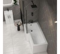 Modern Qubix 1600 x 850mm Left Hand L Shaped Shower Bath tub with Front, End Panel & Black Shower Screen