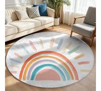 Modern Rainbow Round Rug 100 cm, White Boho Lines Washable Soft Carpet | Super Soft Non Slip Nursery Circle Mat, Kid Friendly Washable Floor Rug for Children Bedroom Baby Playroom Reading Nook