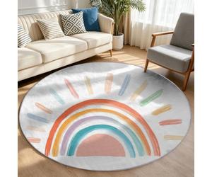 Modern Rainbow Round Rug 100 cm, White Boho Lines Washable Soft Carpet | Super Soft Non Slip Nursery Circle Mat, Kid Friendly Washable Floor Rug for Children Bedroom Baby Playroom Reading Nook