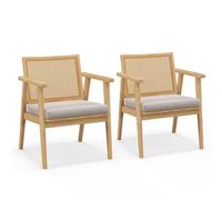 Modern Rattan Accent Chairs Set of 2 - Comfortable Solid Wood Frame with Cushioned Seat Stylish for Living Room Bedroom Occasional Reading Chair in Natural Finish
