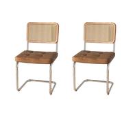 Modern Rattan Dining Chairs Set of 2 Mid Century Kitchen Chairs with Solid Wood Frame Upholstered Faux Leather for Living Room & Dining Room (Brown-Yellow)