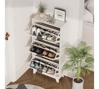 Modern Rattan Shoe Cabinet with 2 Tier Pull Out Drawers Narrow Space Saving Entryway 3 Layer Ventilated Storage Rack for Hallway and Apartment